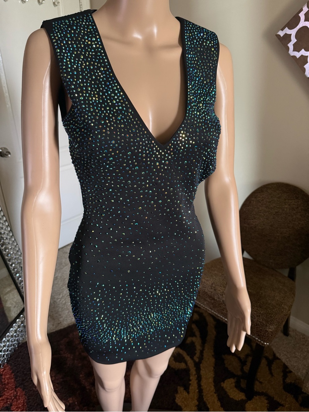 WOW couture Black Mini Dress with Iridescent Crystal Accents
